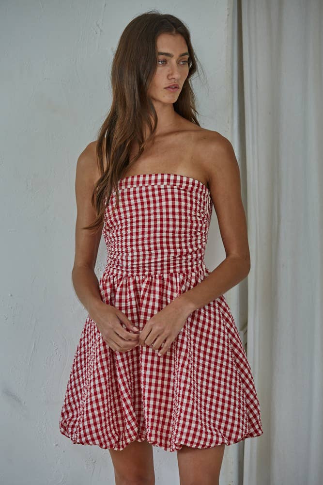 By Together - L9417 | Woven Polyester Gingham Print Smocking Tube Mini - Dear John