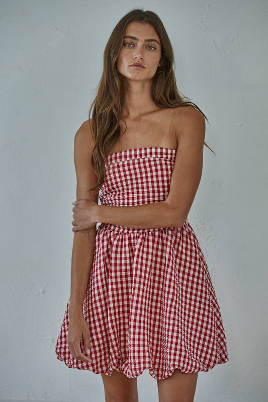 By Together - L9417 | Woven Polyester Gingham Print Smocking Tube Mini - Dear John