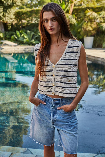 By Together - W1973 | Knit Sweater Cotton Striped V - Neck Button Down Vest - Dear John