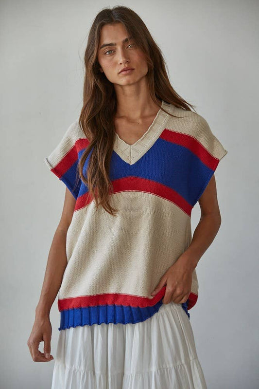 By Together - W2126 | Knit Sweater Cotton Printed Striped V - Neck Vest - Dear John