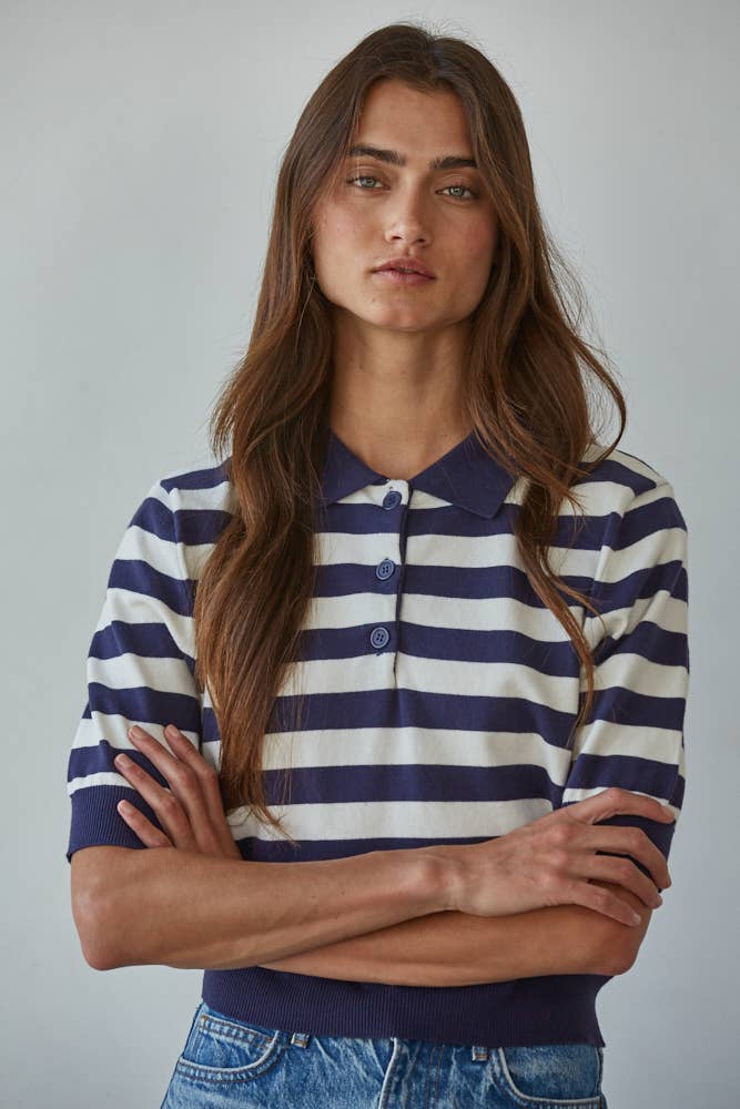 By Together - W2262 | Knit Sweater Striped Half Button Up Collar Neck Top - Dear John