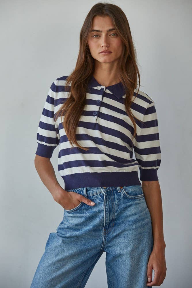By Together - W2262 | Knit Sweater Striped Half Button Up Collar Neck Top - Dear John
