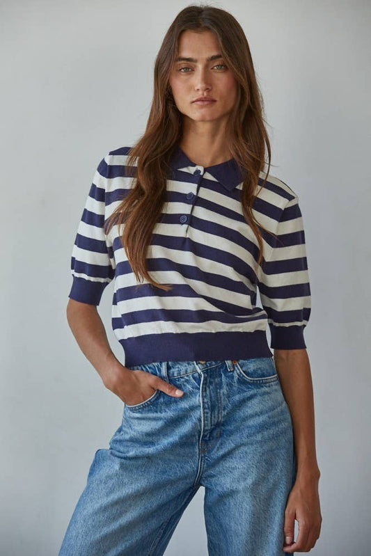 By Together - W2262 | Knit Sweater Striped Half Button Up Collar Neck Top - Dear John