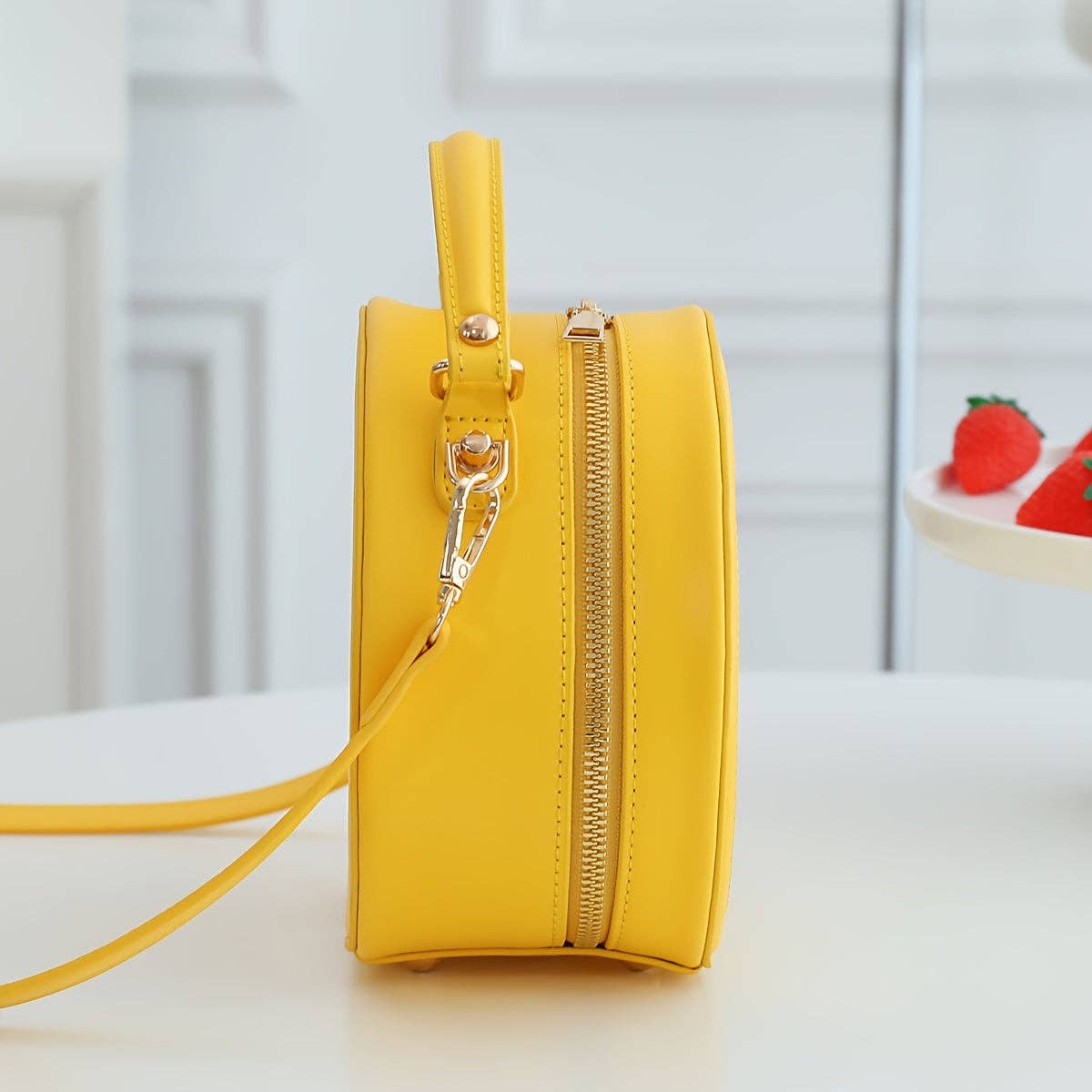 Fashionable Y2K Lemon-Shaped Crossbody Bag for Women, Embroidered Geometric Pattern, with Adjustable Strap, Zipper Closure, Polyester Lined, Painted Edges, Messenger Style Shoulder Handbag