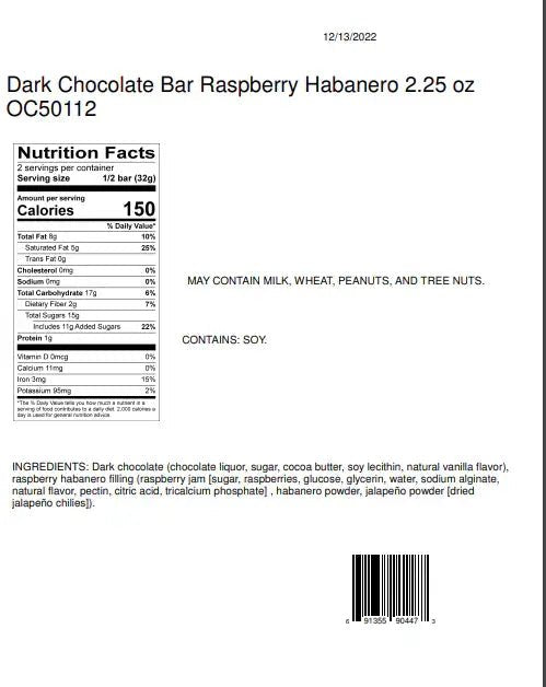 Candy Bar - Dark Chocolate - Raspberry Habanero - 2.25 oz - Dear John