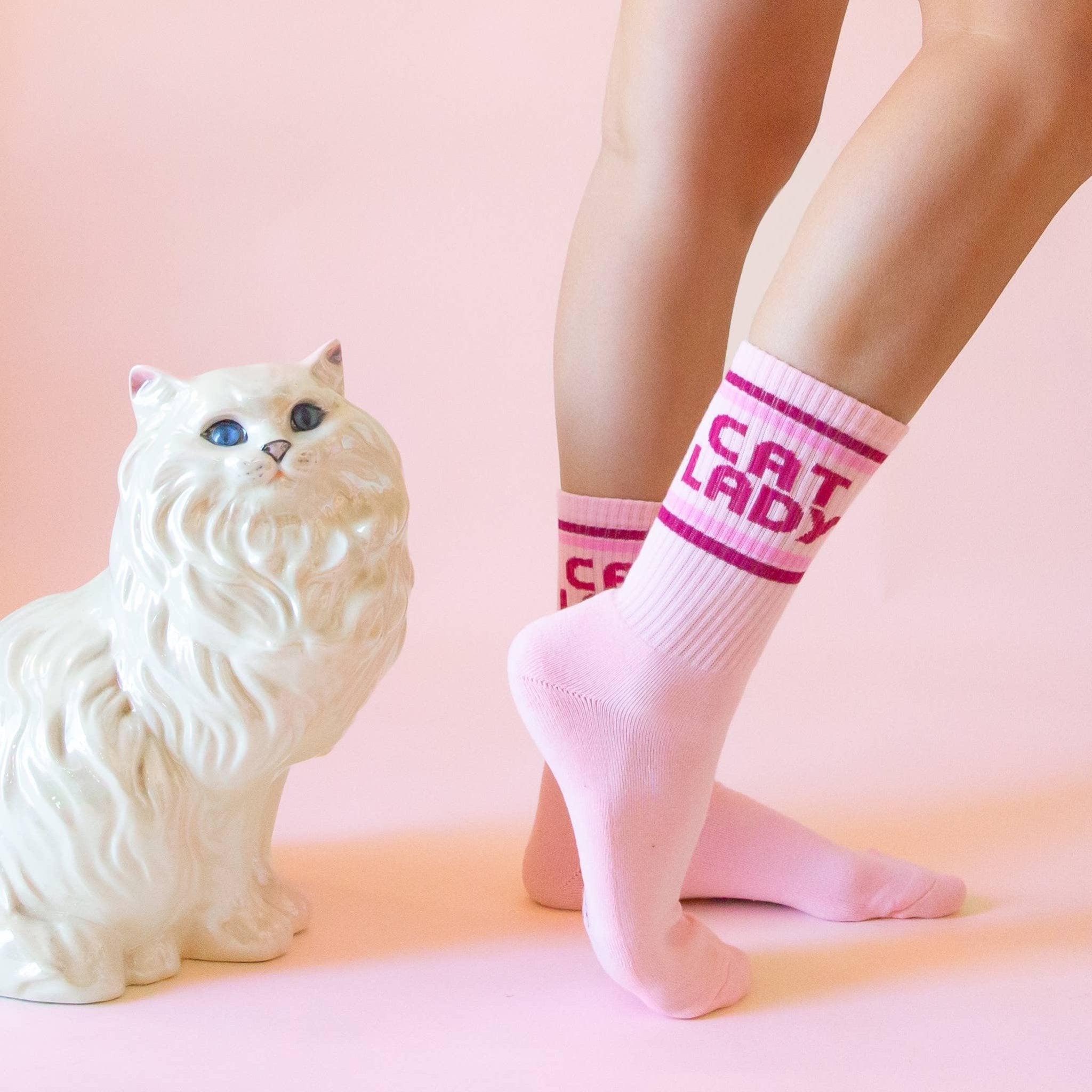 Cat Lady Striped Ribbed Crew Socks - Dear John