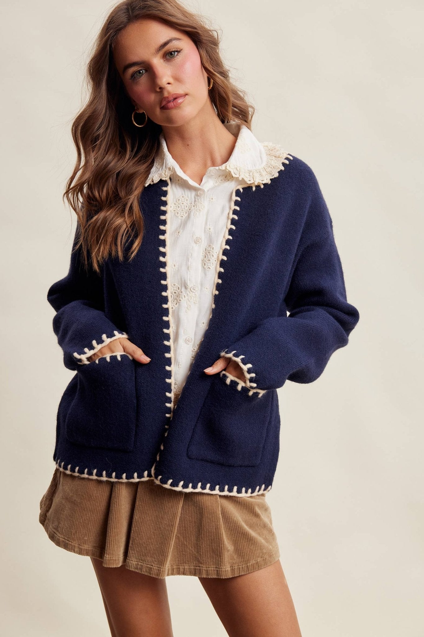 Contrast Whipstitch Knit Cardigan - Dear John