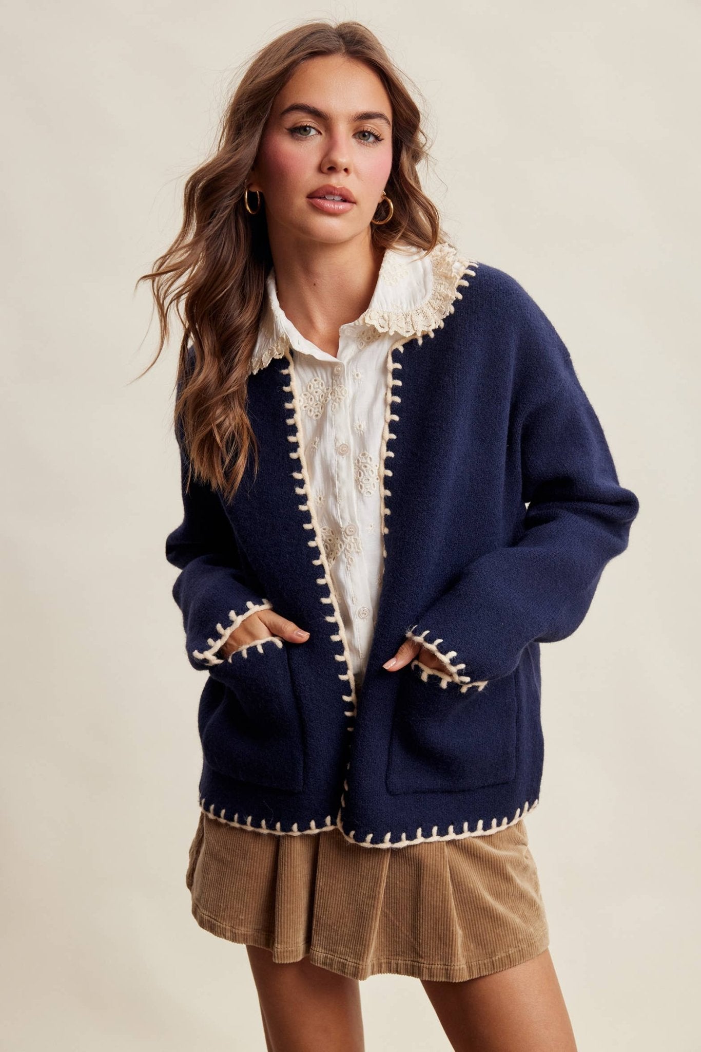 Contrast Whipstitch Knit Cardigan - Dear John