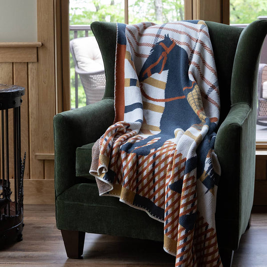 Cotton Sustainable Knit Patterned | Stripes Throw Blanket - Equestrian Cheval - Dear John