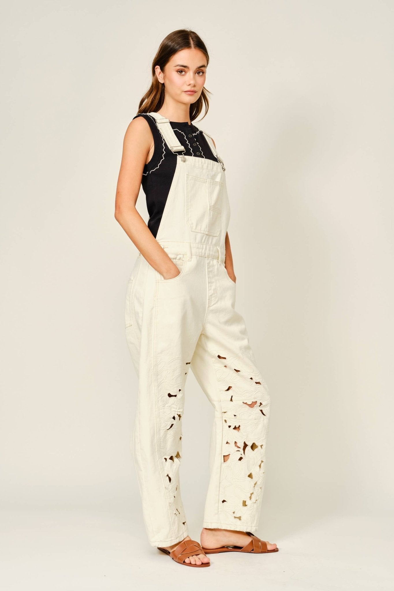 CUT OUT EMBROIDERED OVERALL JUMPSUIT - Dear John