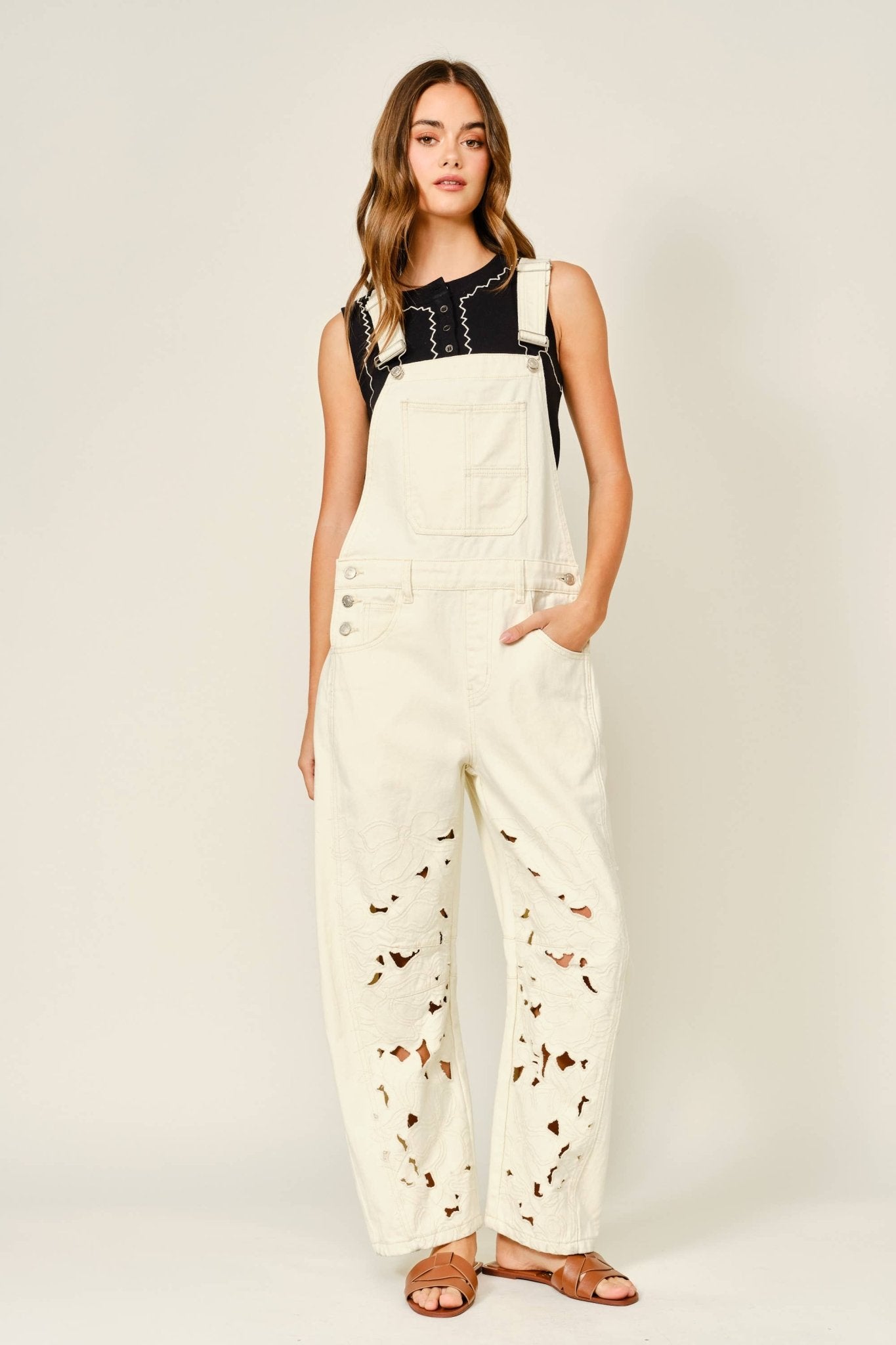 CUT OUT EMBROIDERED OVERALL JUMPSUIT - Dear John