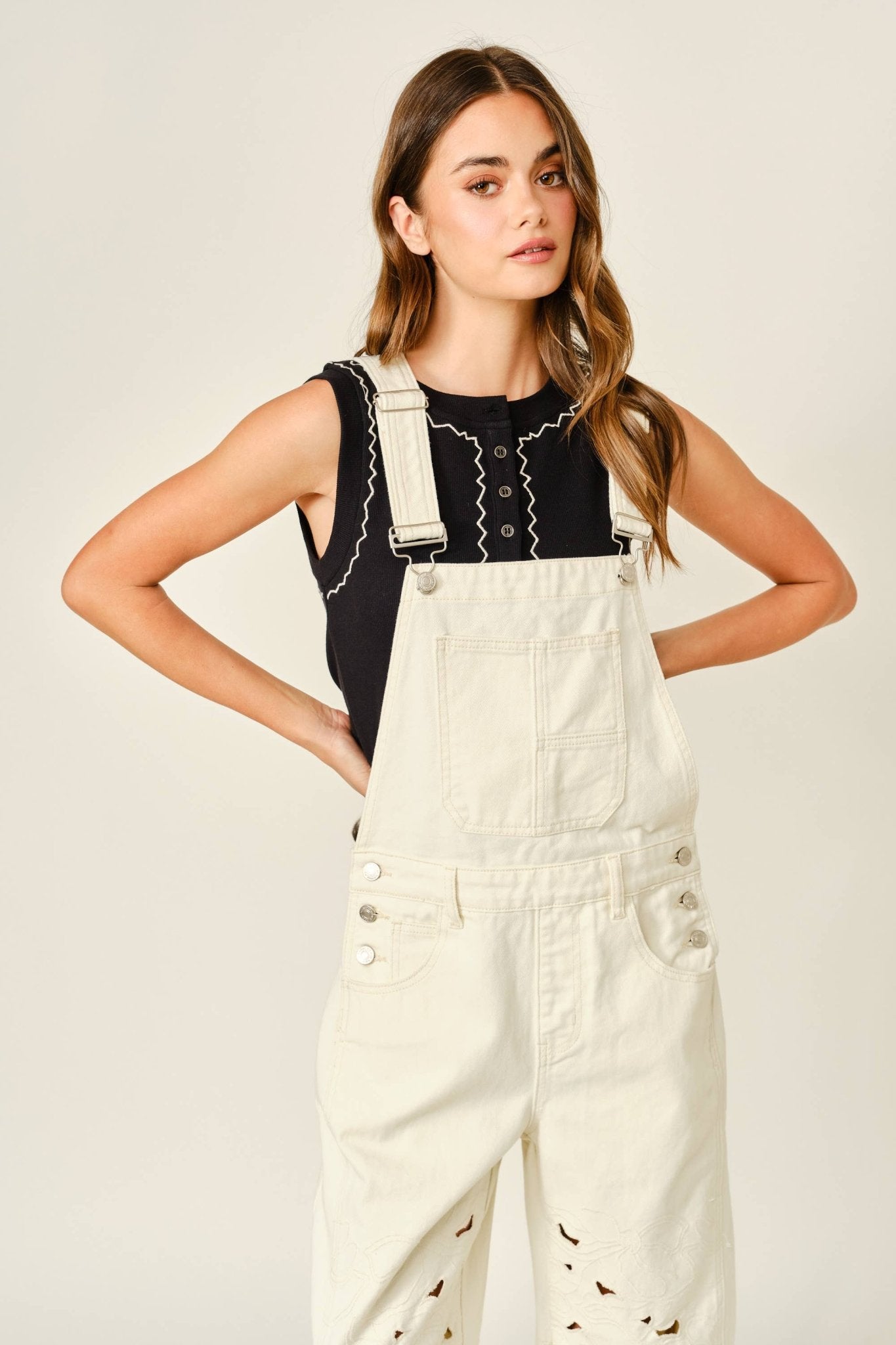 CUT OUT EMBROIDERED OVERALL JUMPSUIT - Dear John