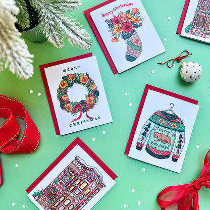 California Poppy Christmas Wreath Boxed Cards - Set of 6