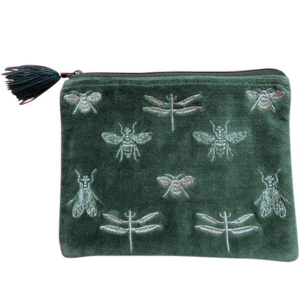 Green Velvet Bees & Dragonflies Coin Purse