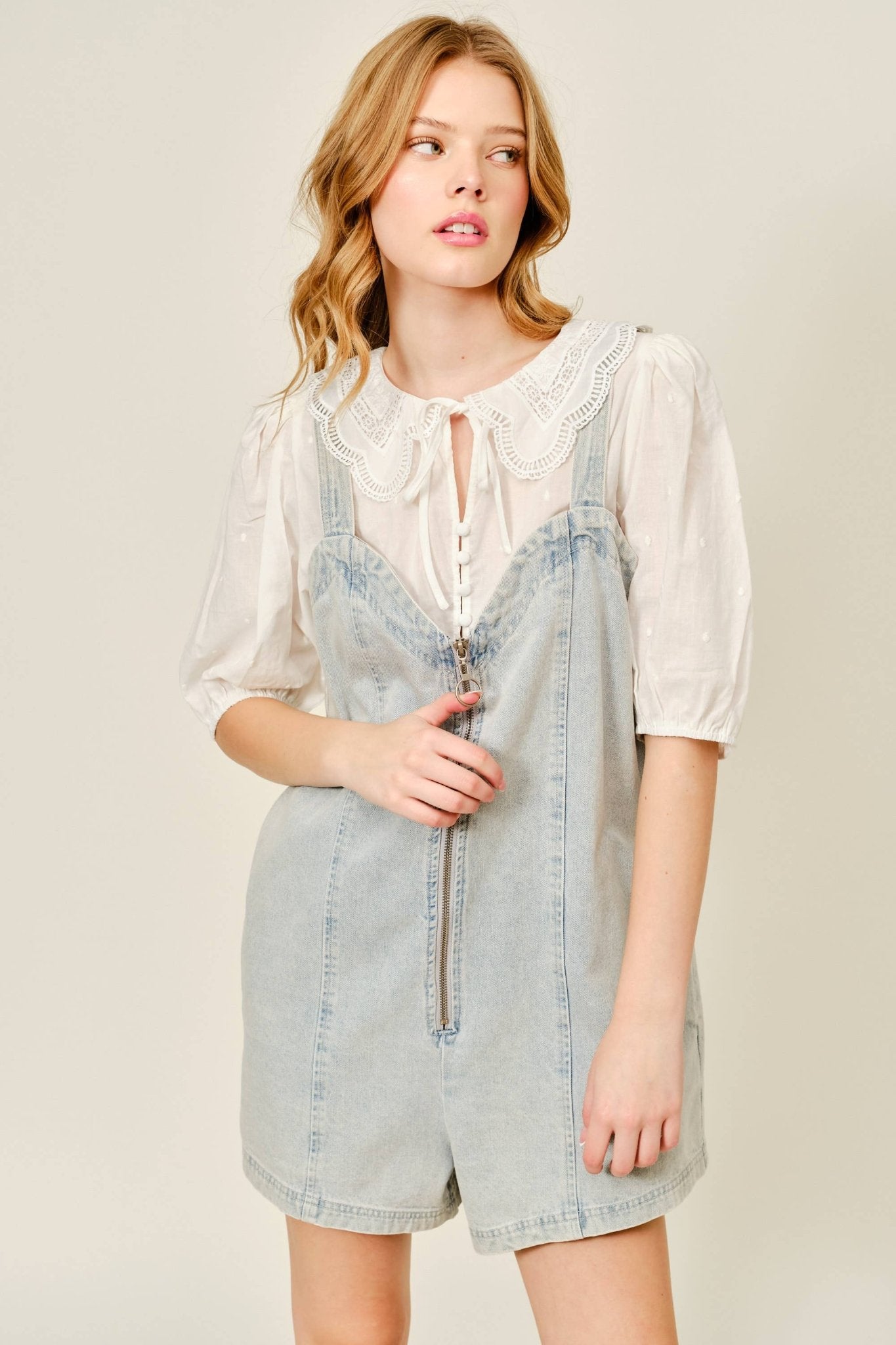 DENIM SLEEVELESS ROMPER WITH FRONT ZIPUP - Dear John