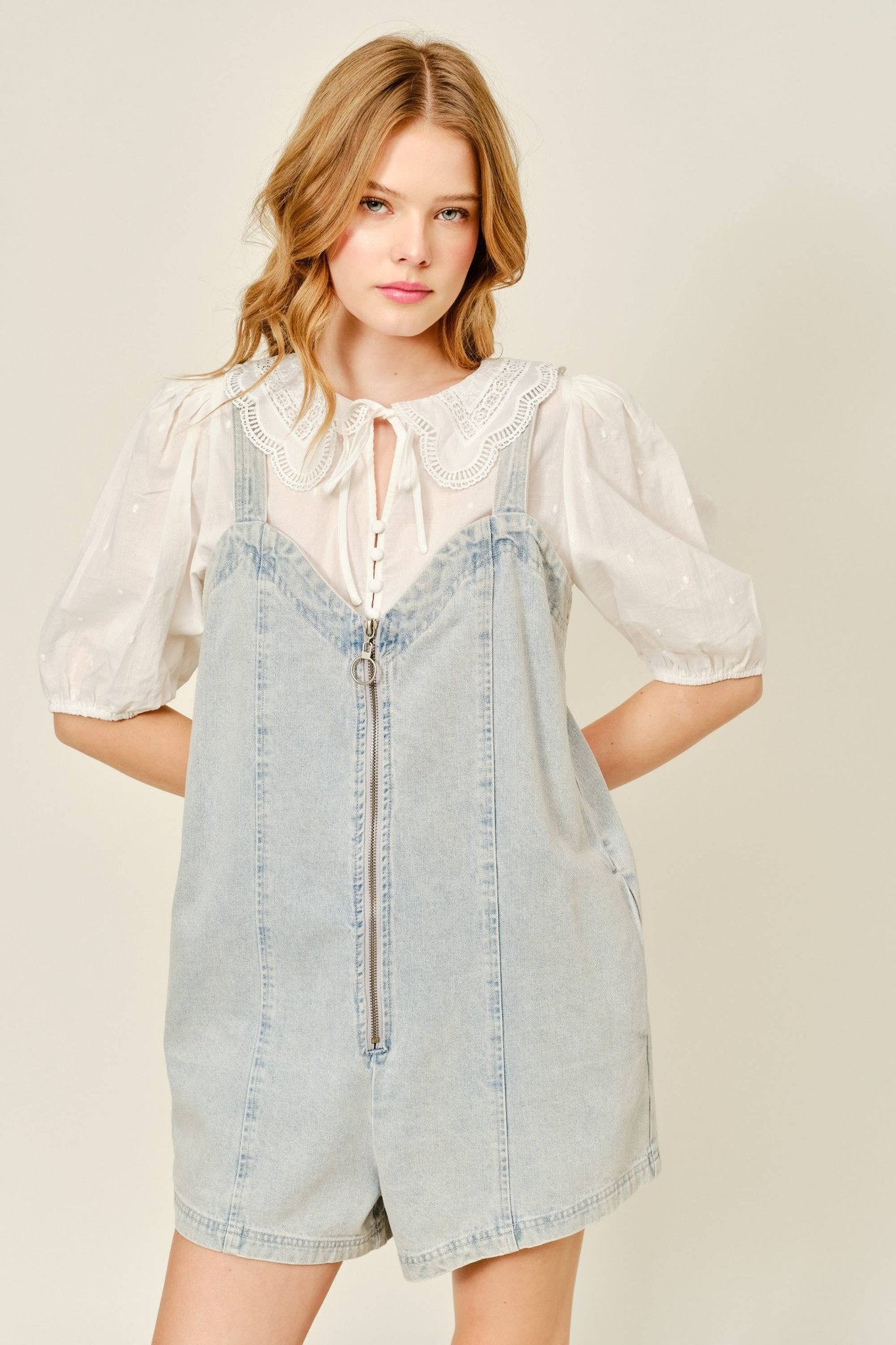 DENIM SLEEVELESS ROMPER WITH FRONT ZIPUP - Dear John