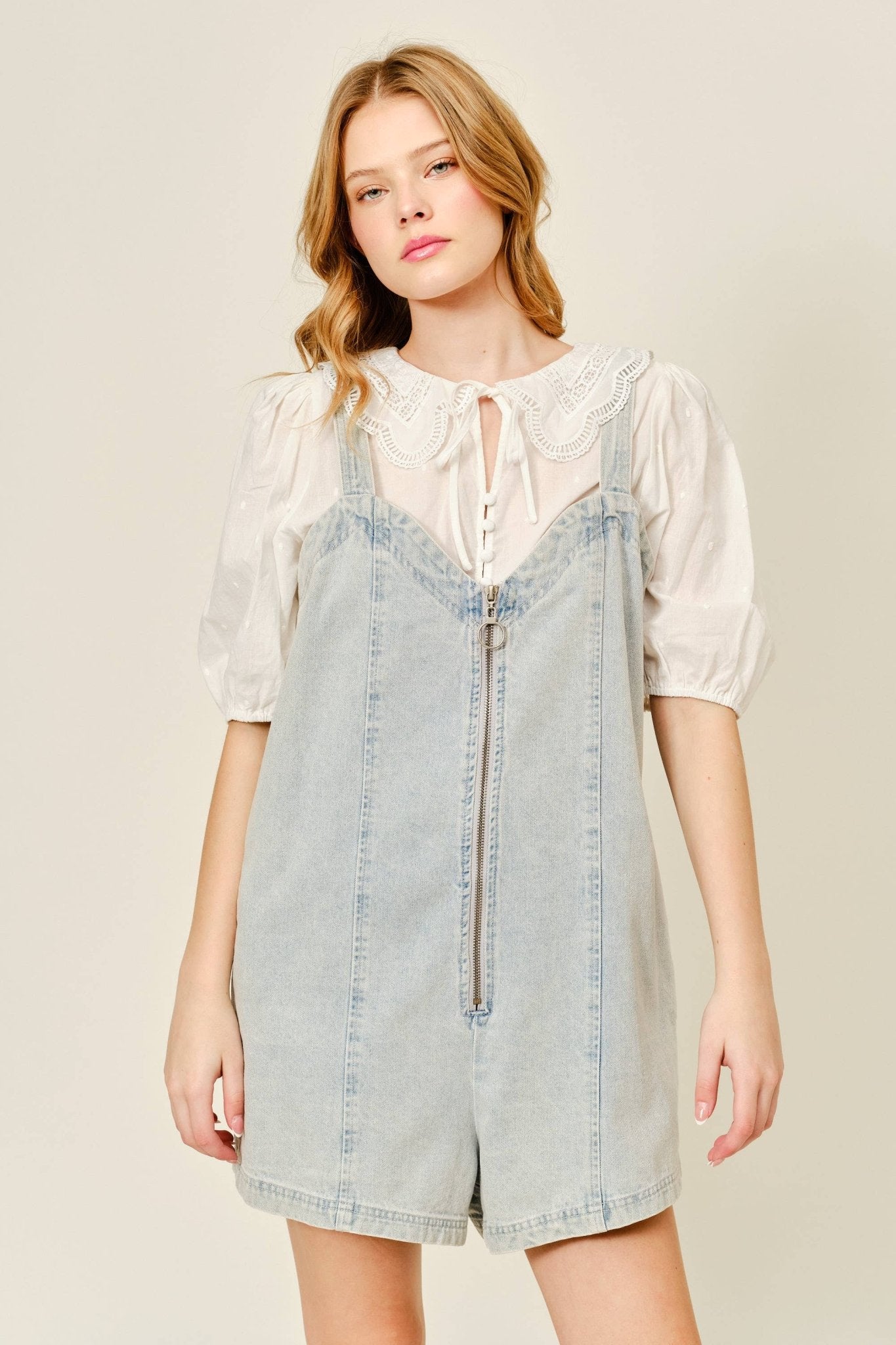 DENIM SLEEVELESS ROMPER WITH FRONT ZIPUP - Dear John