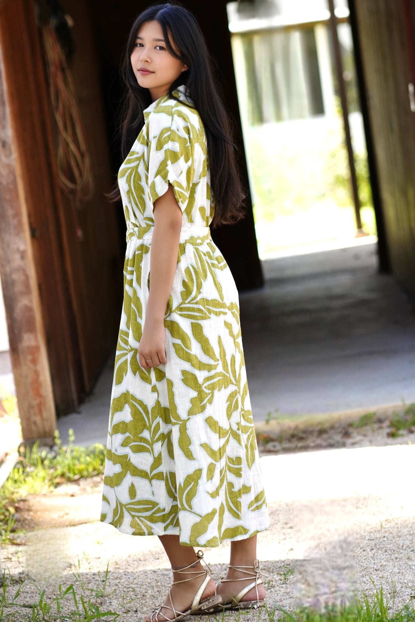 Dolma - Brigitte Abstract Print Dress Olive White - Dear John