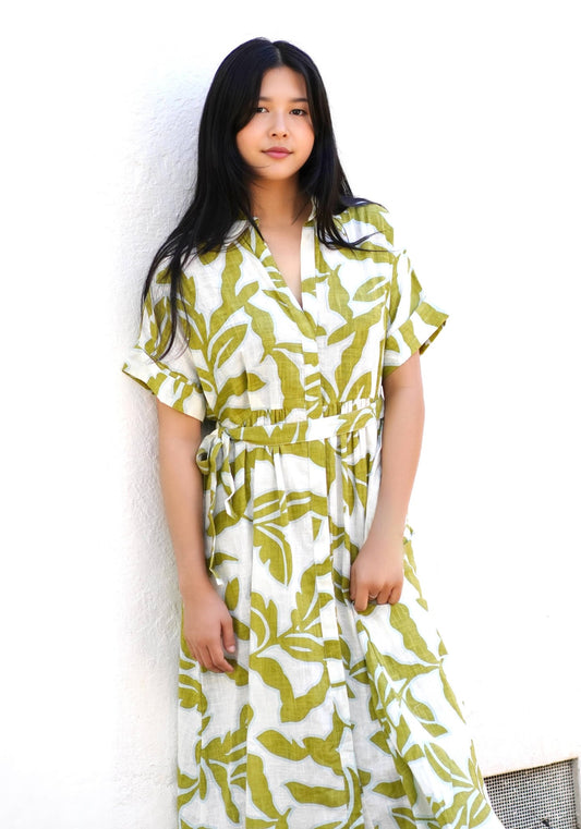 Dolma - Brigitte Abstract Print Dress Olive White - Dear John
