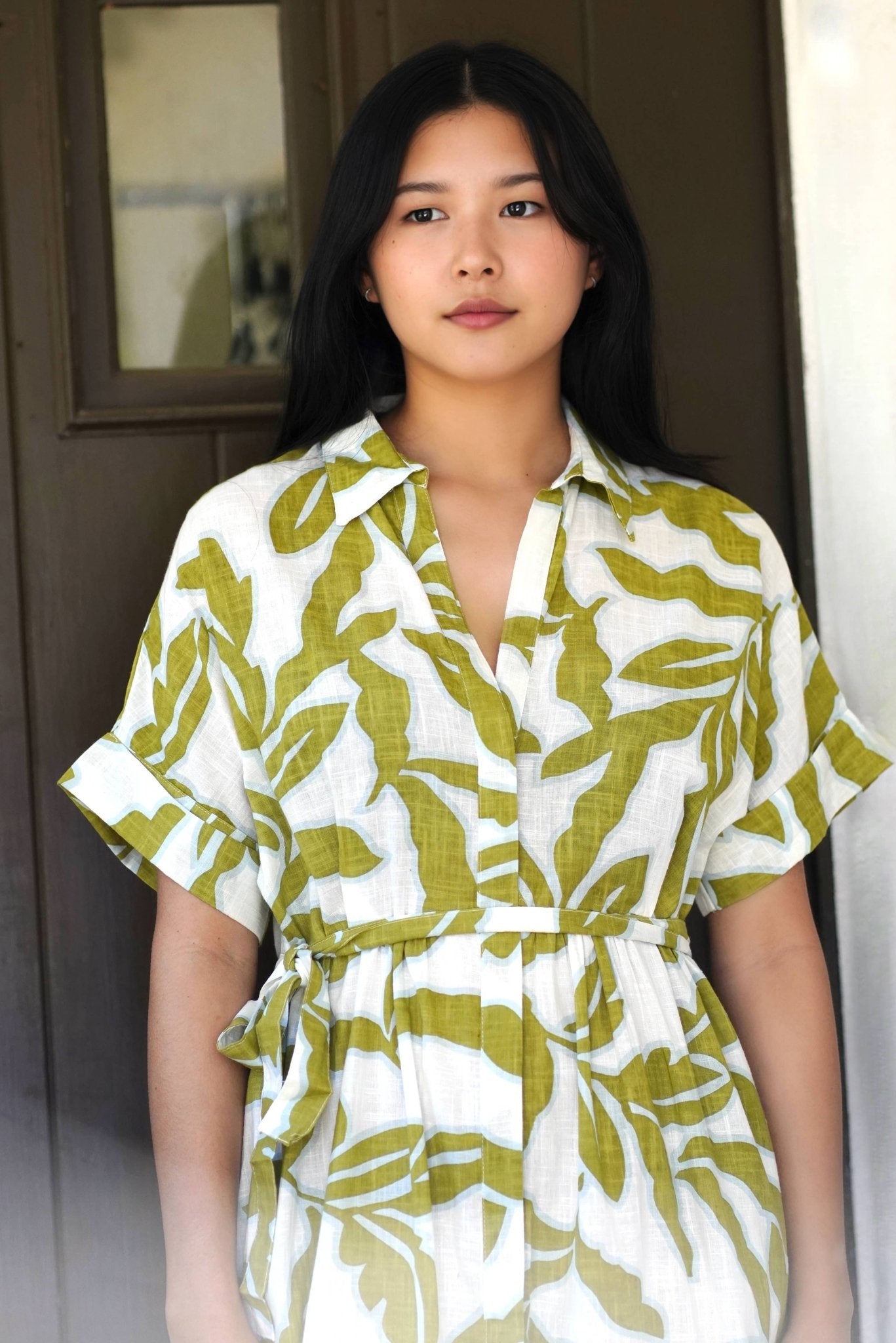 Dolma - Brigitte Abstract Print Dress Olive White - Dear John