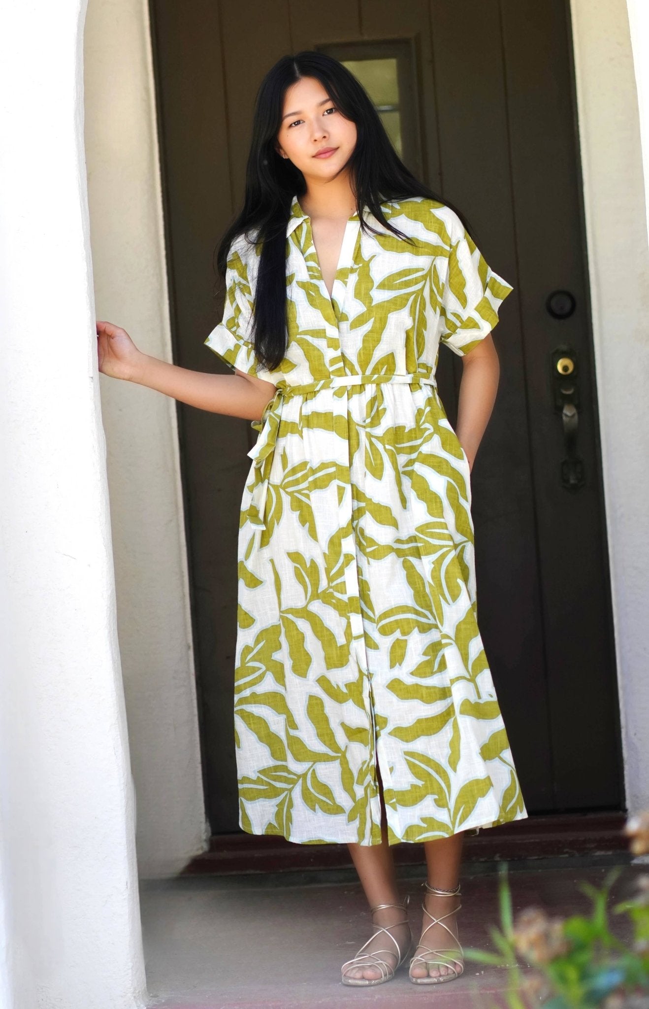 Dolma - Brigitte Abstract Print Dress Olive White - Dear John