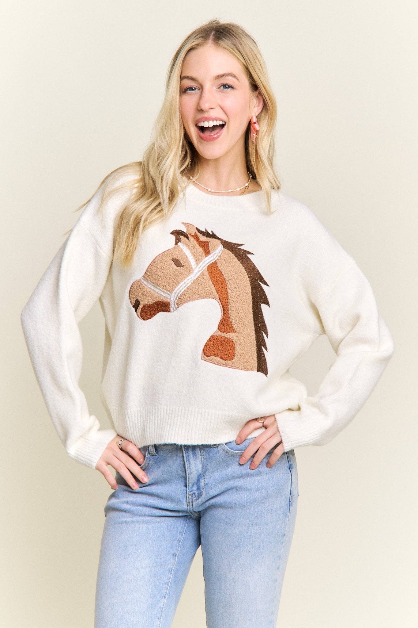 EMBROIDERED HORSE FRONT KNIT SWEATER - Dear John