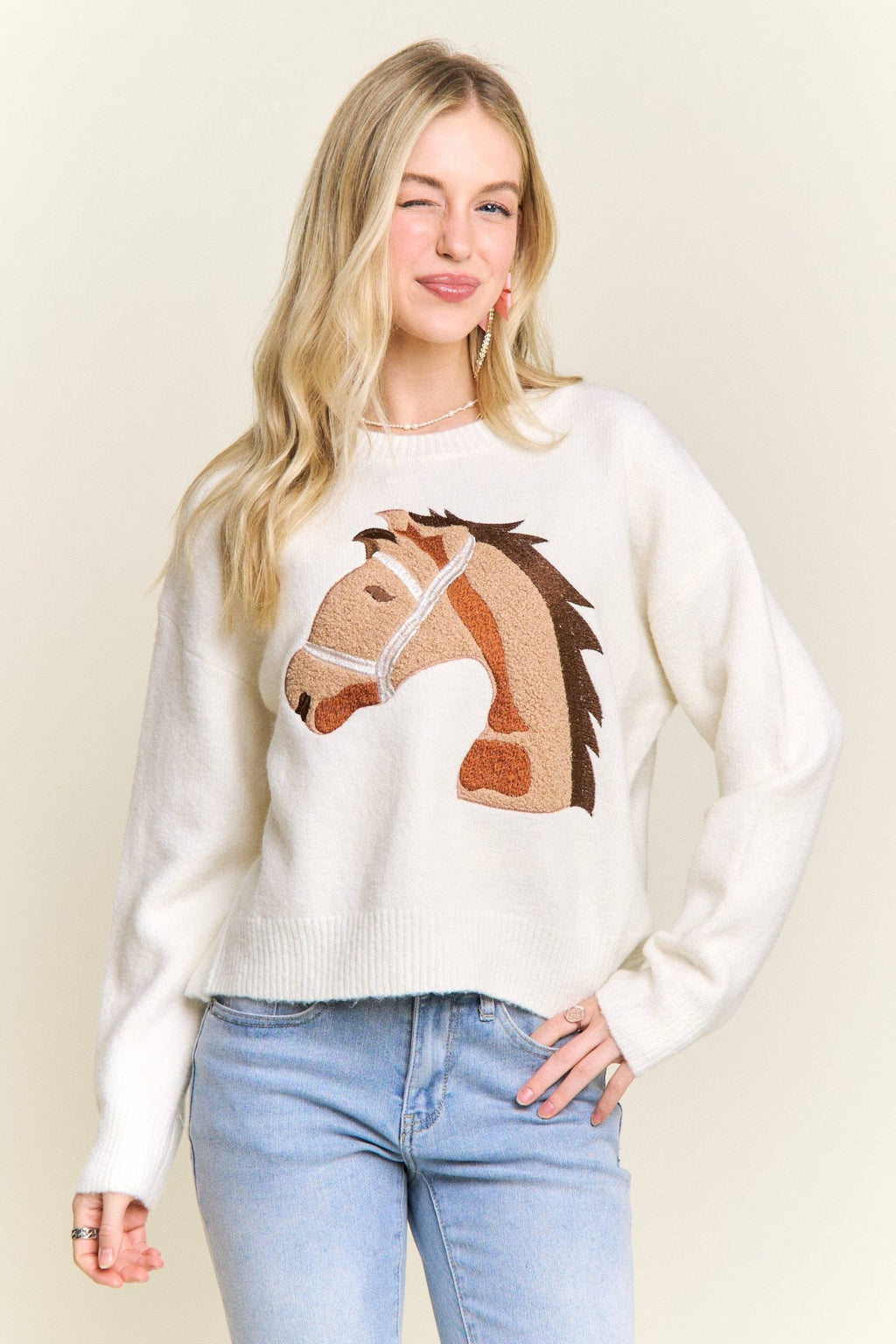 EMBROIDERED HORSE FRONT KNIT SWEATER - Dear John