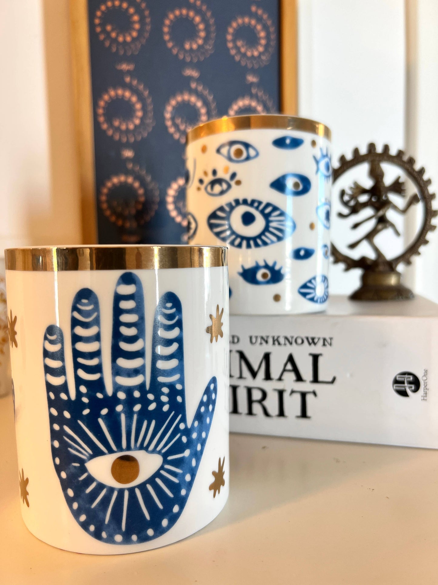 Gold & Blue White Ceramic Hamsa Scented Candle
