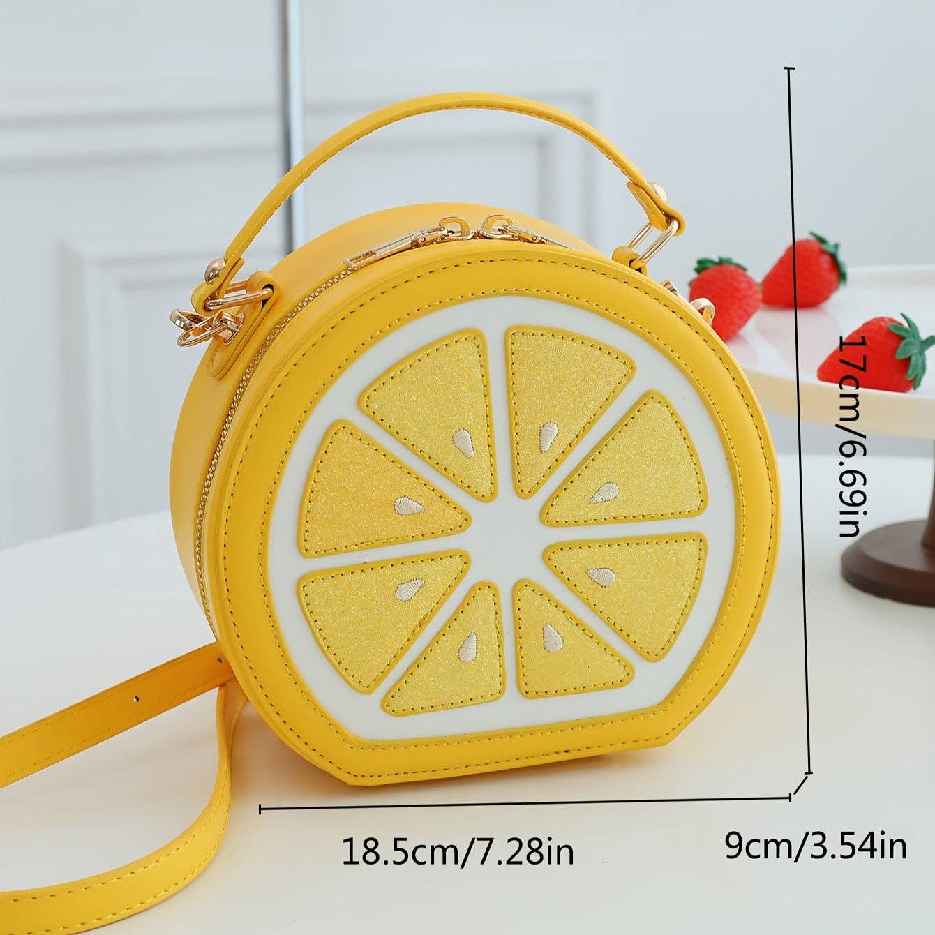 Fashionable Y2K Lemon - Shaped Crossbody Bag for Women, Embroidered Geometric Pattern, with Adjustable Strap, Zipper Closure, Polyester Lined, Painted Edges, Messenger Style Shoulder Handbag - Dear John