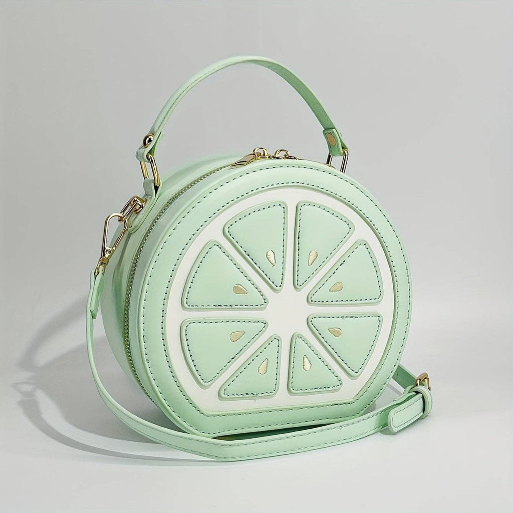 Fashionable Y2K Lemon - Shaped Crossbody Bag for Women, Embroidered Geometric Pattern, with Adjustable Strap, Zipper Closure, Polyester Lined, Painted Edges, Messenger Style Shoulder Handbag - Dear John