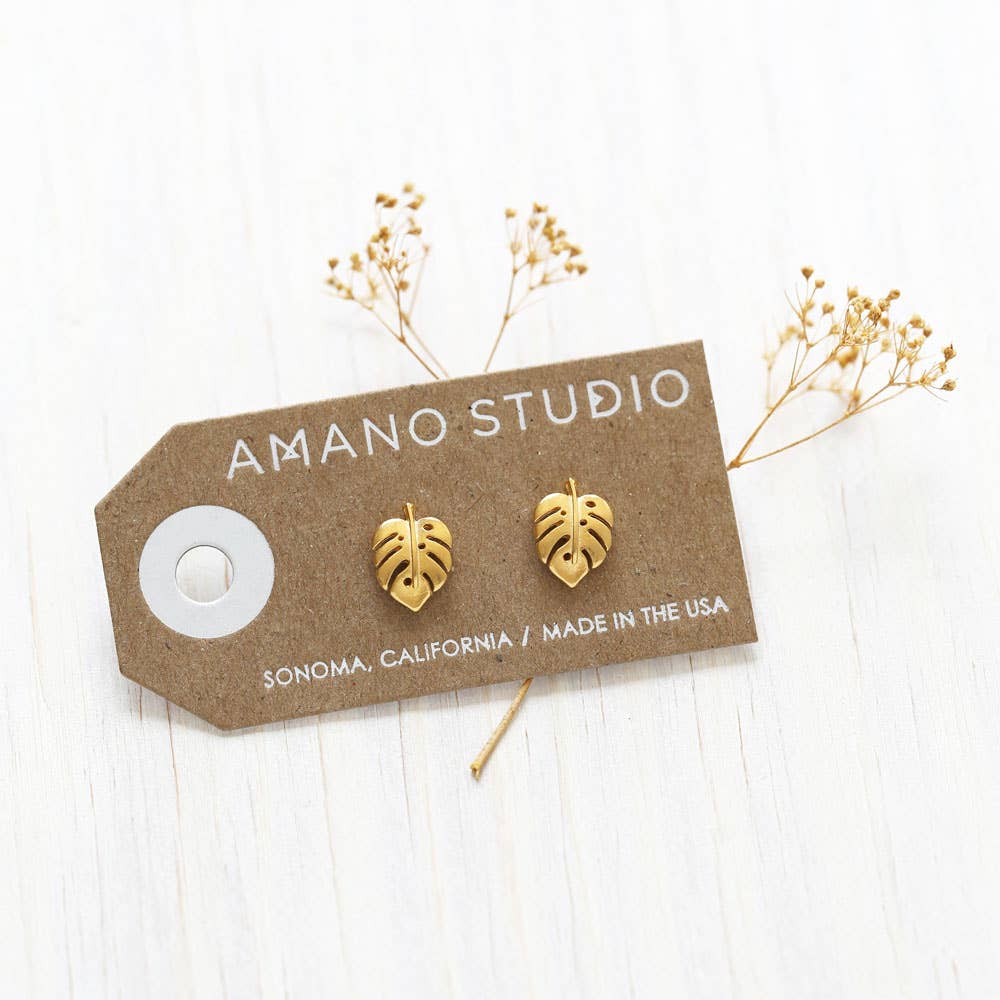 Monstera Leaf Stud Earrings — 24k Heavy Gold Plate (7–10 mil)