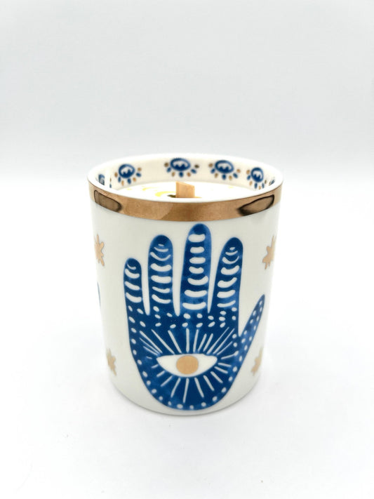 Gold & Blue White Ceramic Hamsa Scented Candle - Dear John