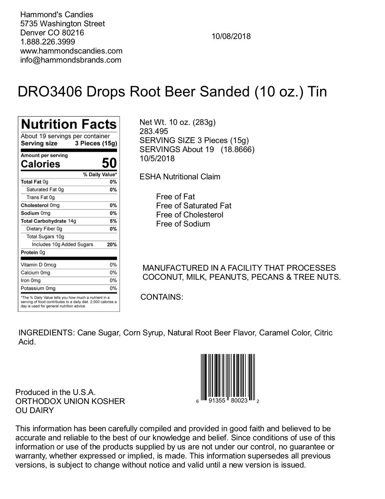 Hammond's Candies - Old - Fashioned Pantry Candy - Natural Root Beer Drops - 10oz Tin - Dear John