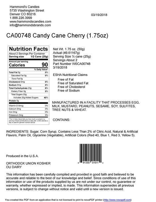 Hand - Spun Jumbo Candy Cane - Cherry - 1.75 oz - Dear John