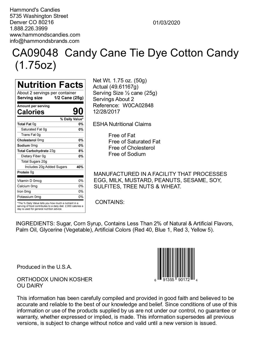 Hand - Spun Jumbo Candy Cane - Tye Dye / Cotton Candy - 1.75oz - Dear John