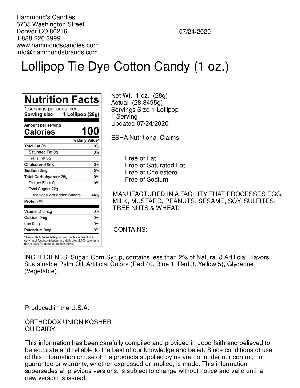 Handmade Lollipop - Tie Dye Cotton Candy - 1 oz - Dear John