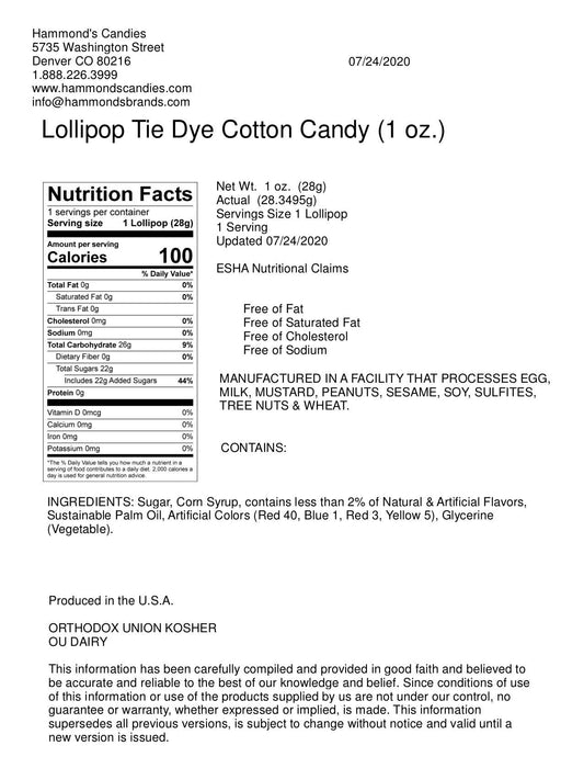Handmade Lollipop - Tie Dye Cotton Candy - 1 oz - Dear John