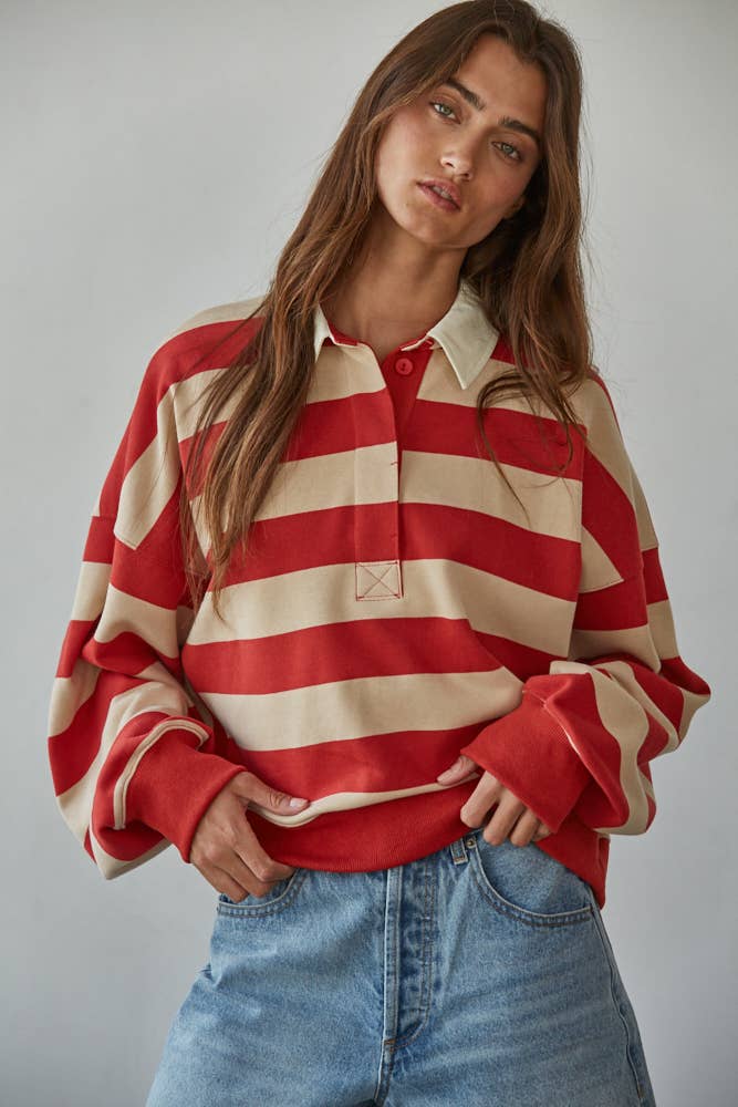Knit Cotton Polyester Striped Half Button Up Top - Dear John