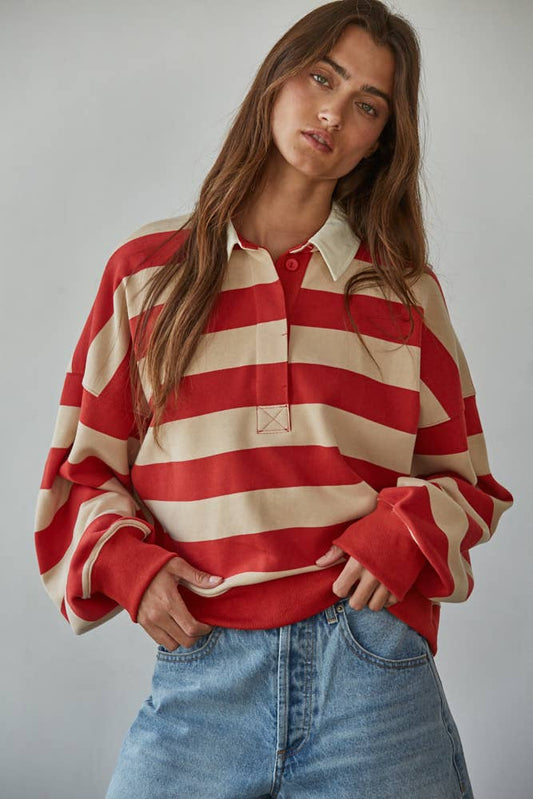 Knit Cotton Polyester Striped Half Button Up Top - Dear John