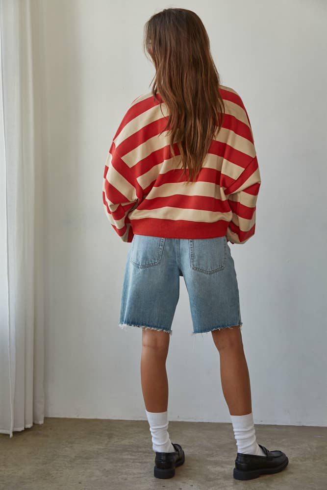 Knit Cotton Polyester Striped Half Button Up Top - Dear John
