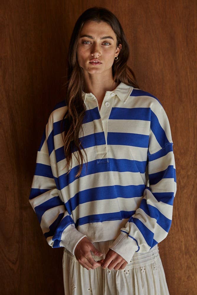 Knit Cotton Polyester Striped Half Button Up Top - Dear John