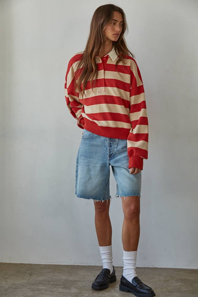 Knit Cotton Polyester Striped Half Button Up Top - Dear John