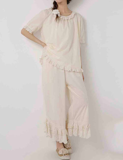 Ladies Solid Color Ruffle Eyelet Pull - On Pants - Dear John