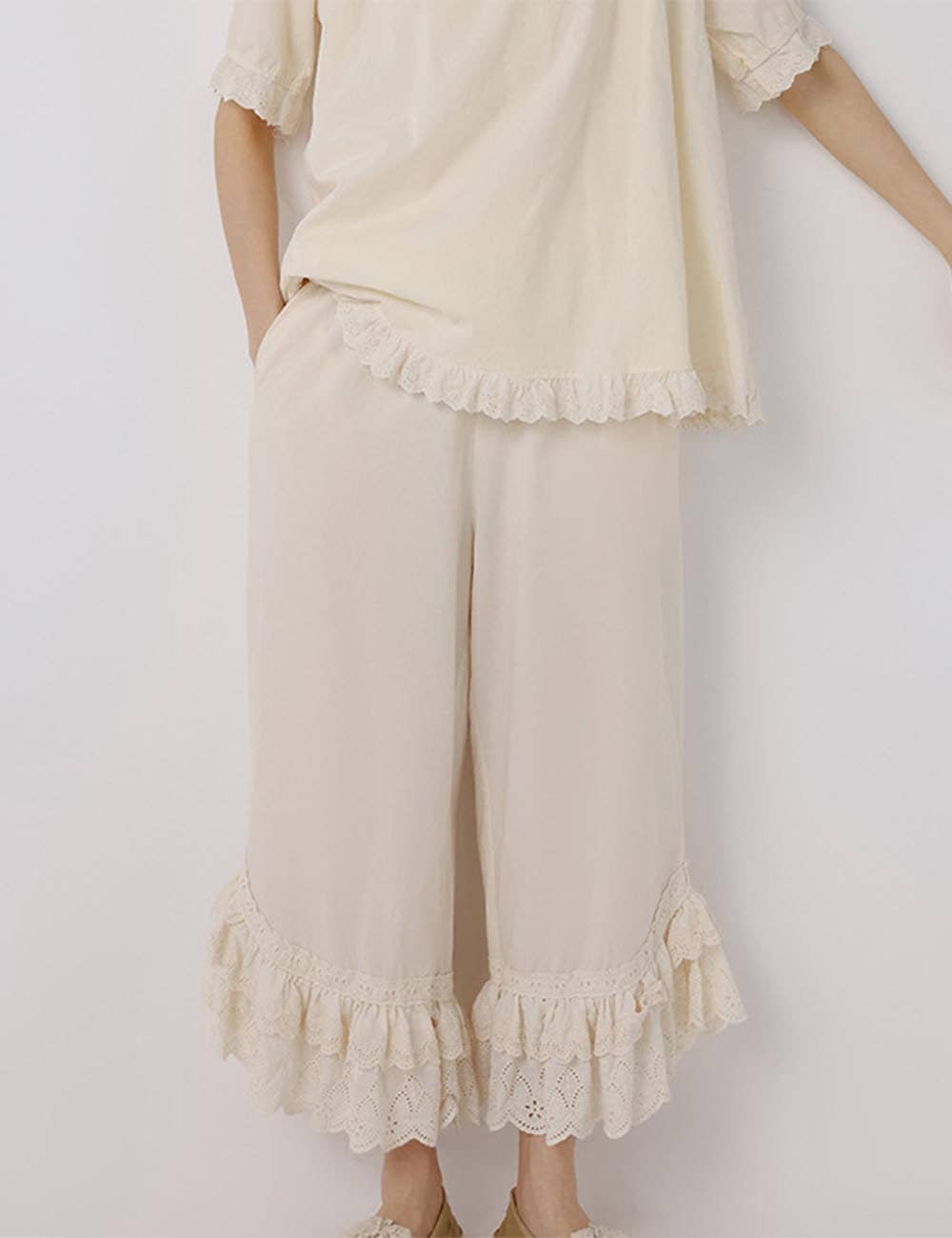 Ladies Solid Color Ruffle Eyelet Pull - On Pants - Dear John