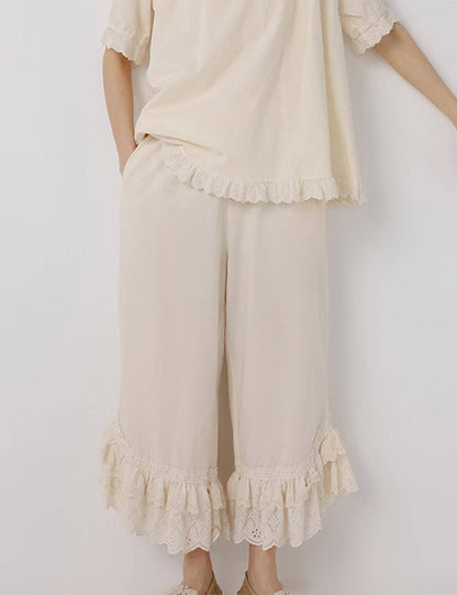 Ladies Solid Color Ruffle Eyelet Pull - On Pants - Dear John