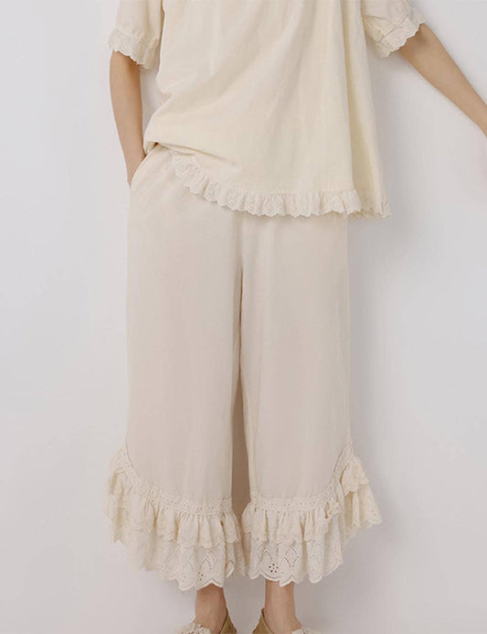 Ladies Solid Color Ruffle Eyelet Pull - On Pants - Dear John