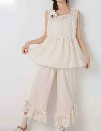 Ladies Solid Color Ruffle Eyelet Pull - On Pants - Dear John