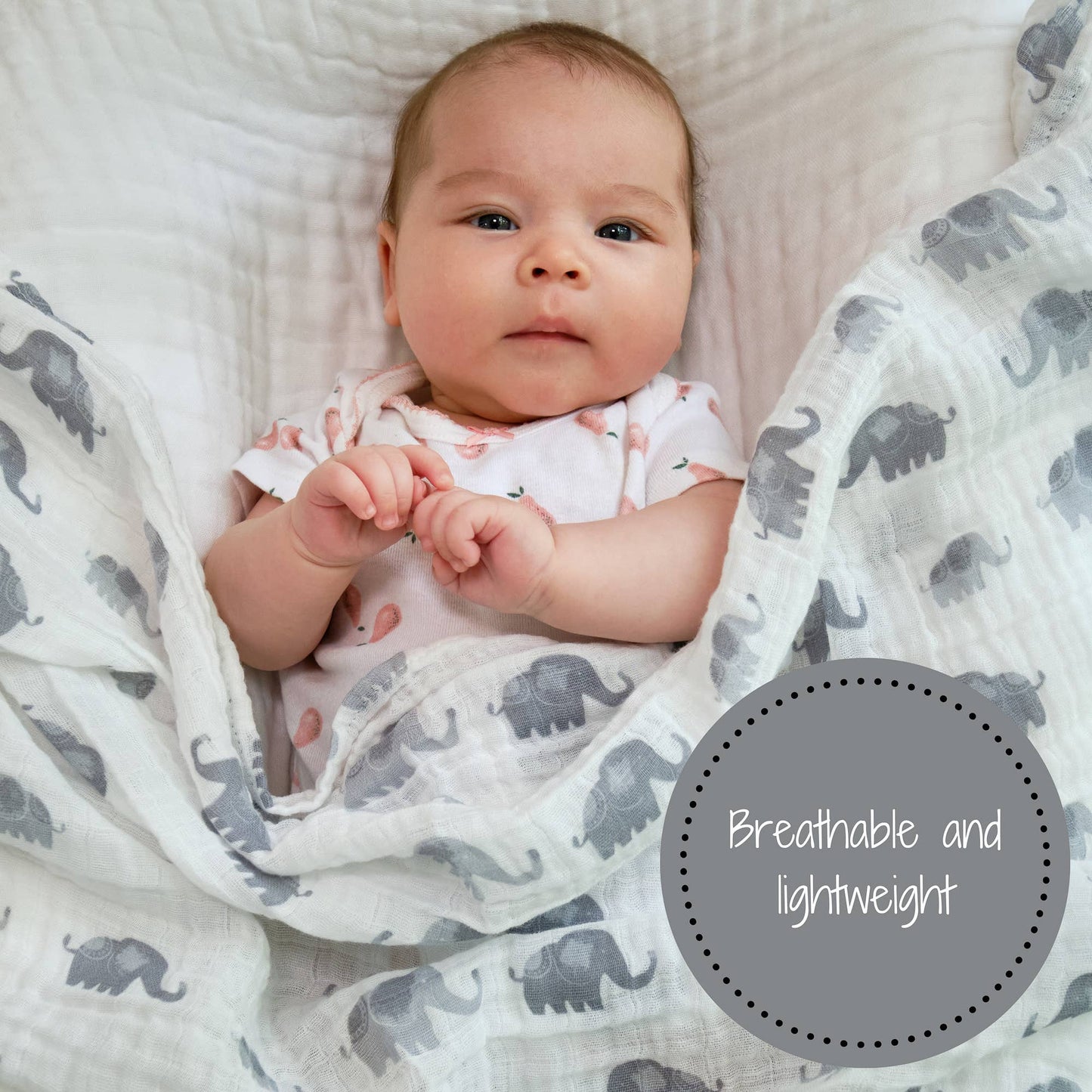 LollyBanks - Baby Muslin Swaddle Blanket 47x47 Elephantastic - Dear John