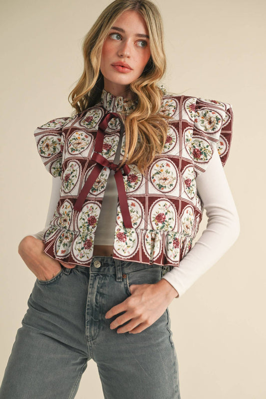 &MERCI - EXCLUSIVE PRINT FLUTTER SLEEVE FLORAL PUFF VEST - Dear John