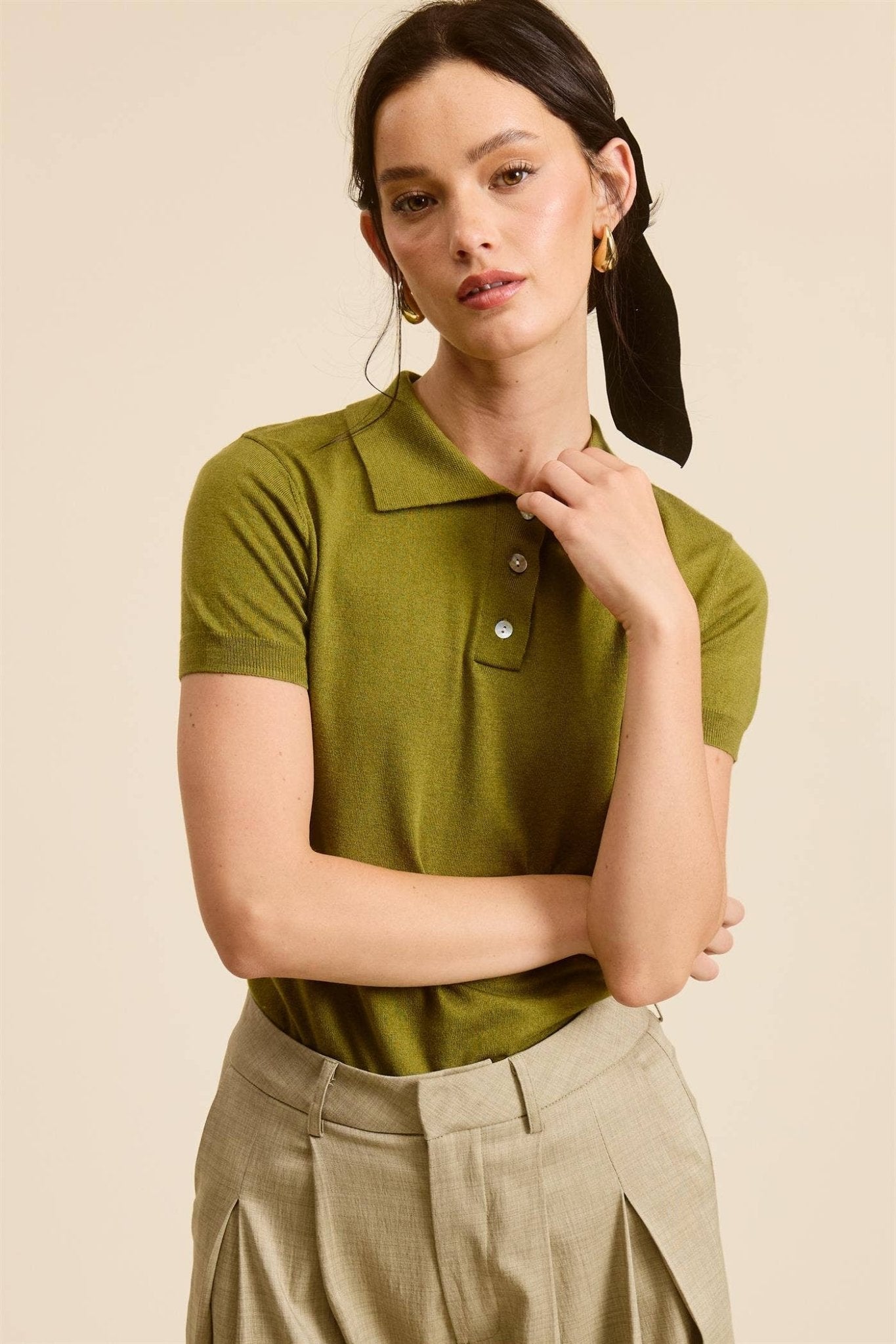 Mimosa - Buttoned Collar Short Sleeve Knit Polo Top - Dear John